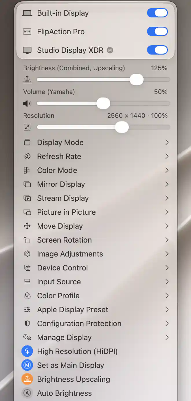 Studio Display XDR combined brightness at 125% with software upscaling active