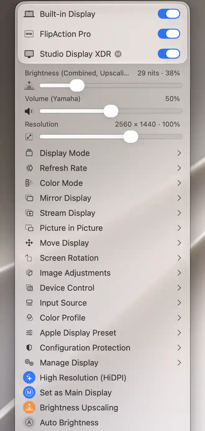 Studio Display XDR attached menu with Brightness Upscaling active in more options