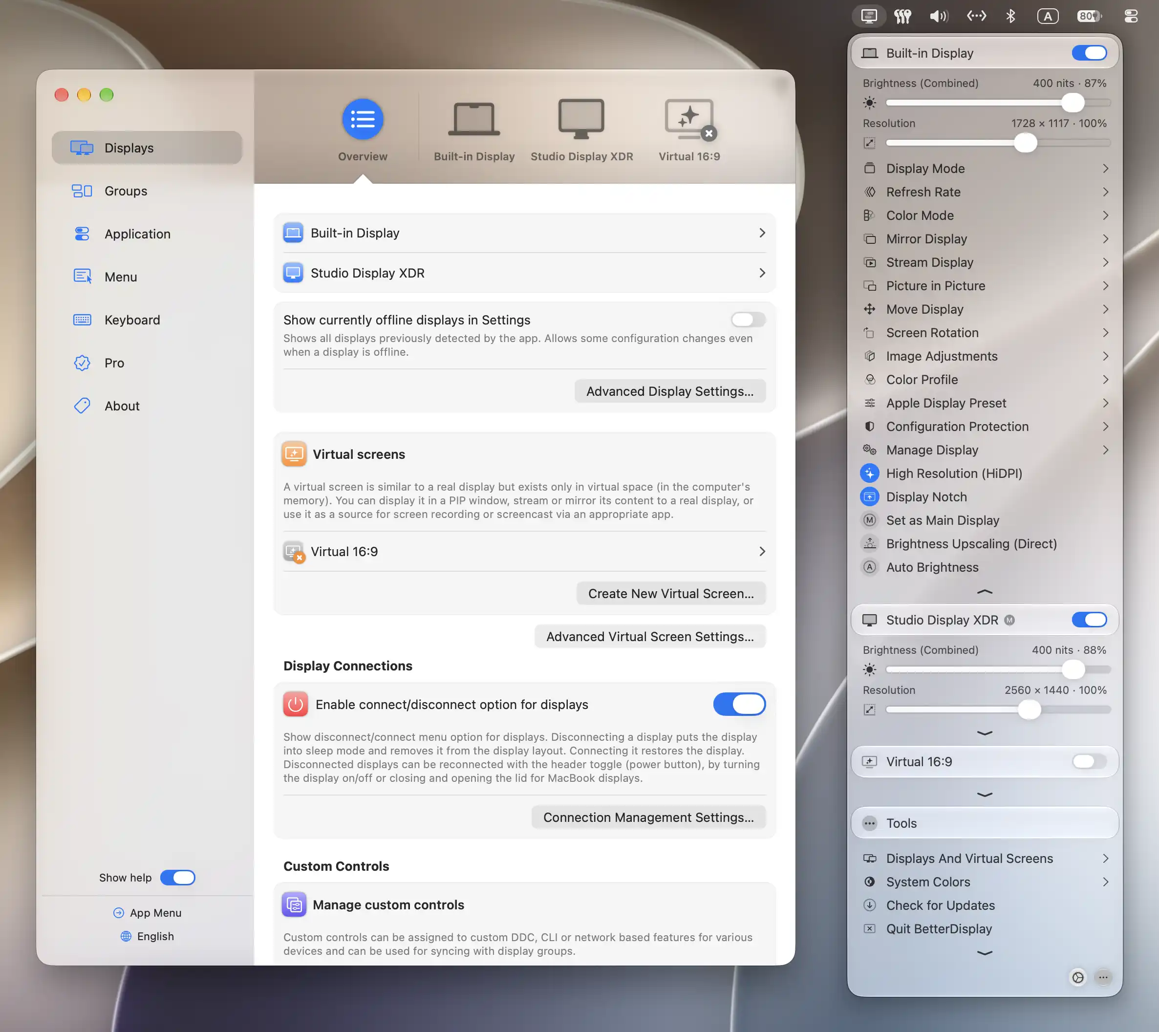 BetterDisplay app screenshot on macOS desktop